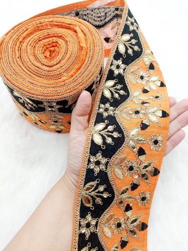 Silk Fabric Trim, Floral Embroidery Gold Gota Patti Indian Sari Border Trim By Yard Decorative Trim Craft Lace